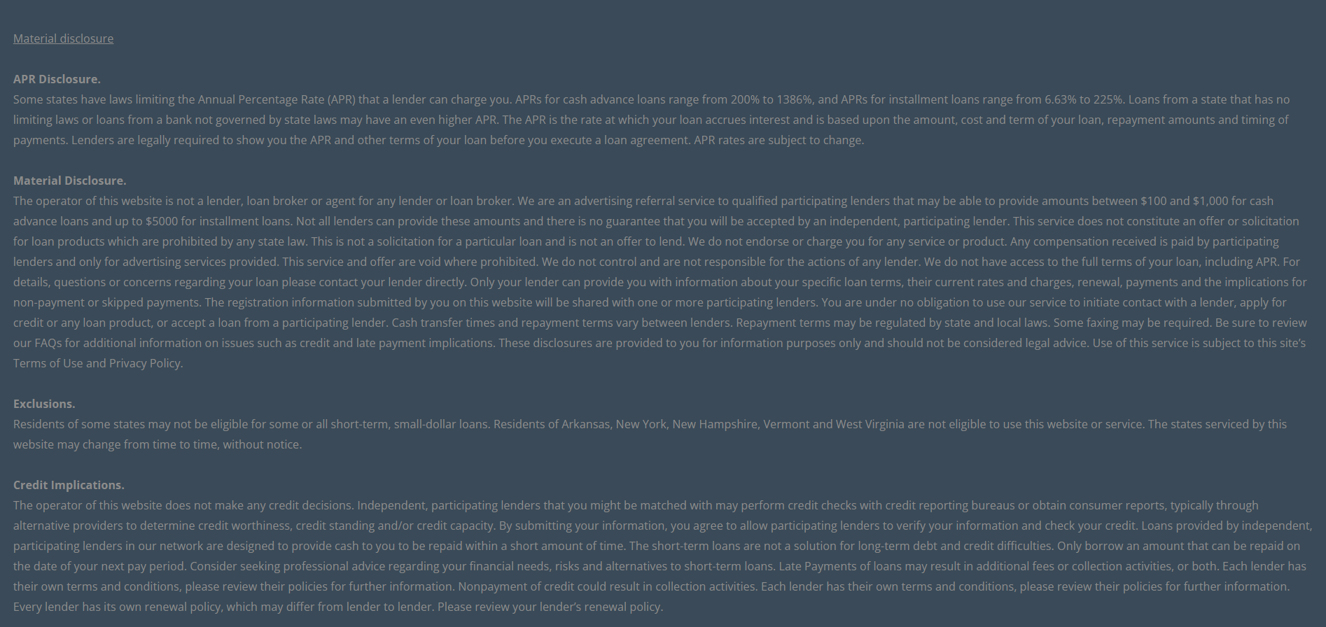 Material disclosure for payday loans in Bellingham Washington